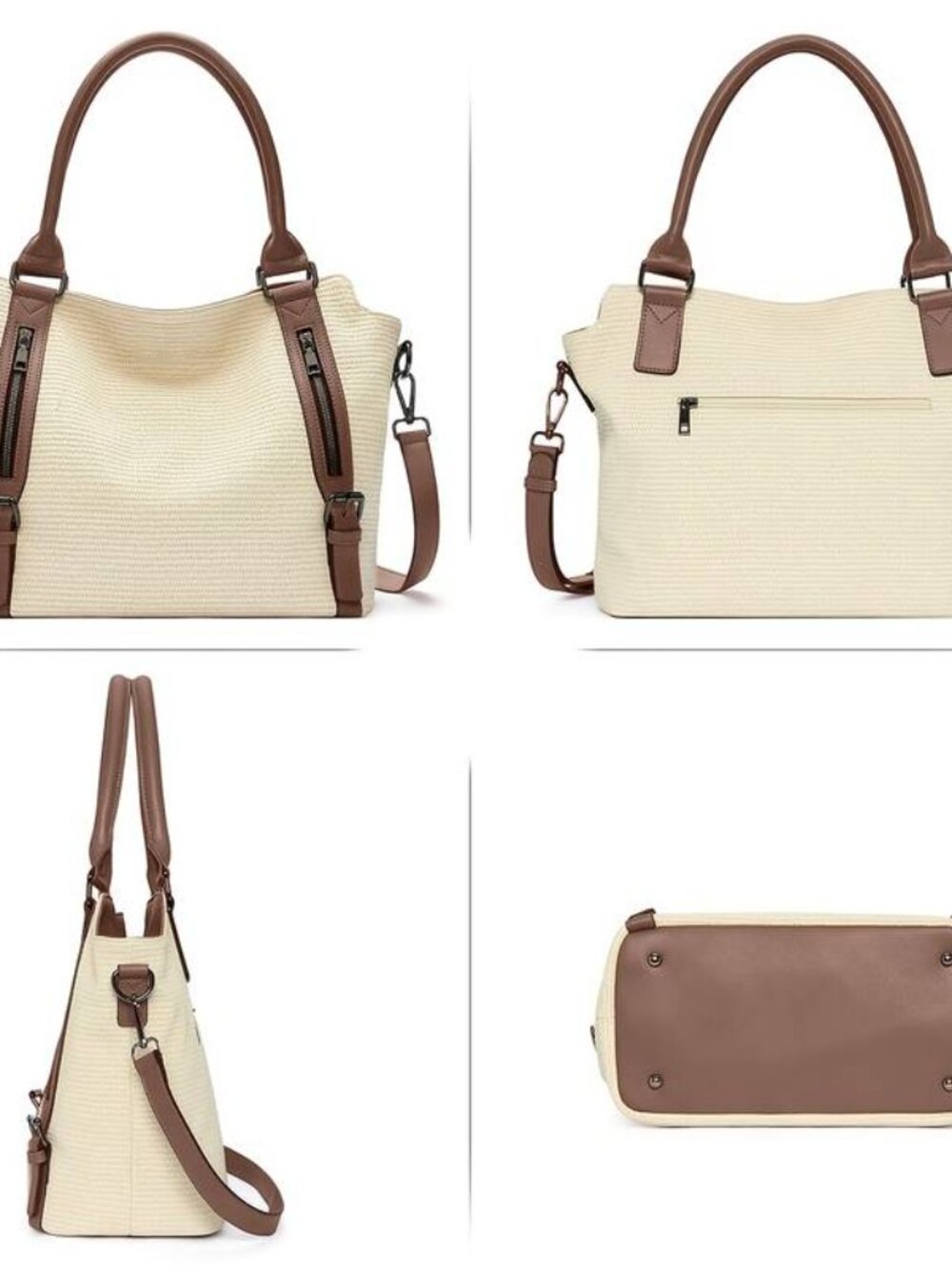 Large Capacity Beige Vegan Leather Double Crossbody Handbag - Picture 6 of 6